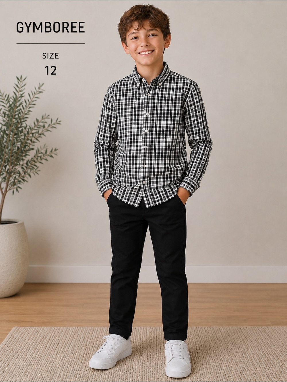 GYMBOREE boys Black and White Checkered dress Shirt/size 12